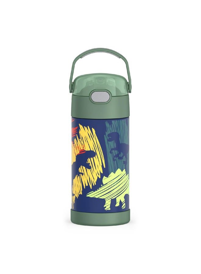 THERMOS FUNTAINER 12 Ounce Stainless Steel Vacuum Insulated Kids Straw Bottle, Dinosaurs - Image 1